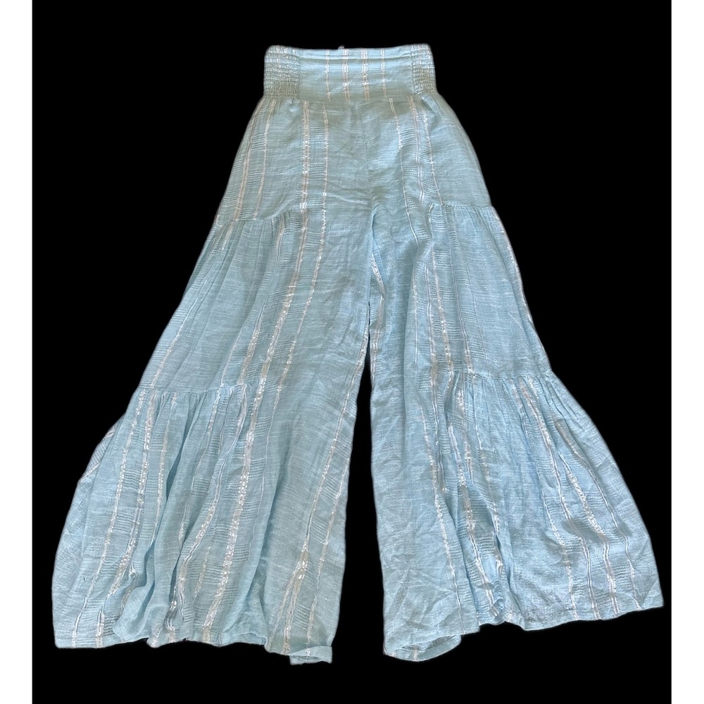 Surf Gypsy Light Blue Silver Metallic Striped Smocked Tiered Wide Leg Pants S